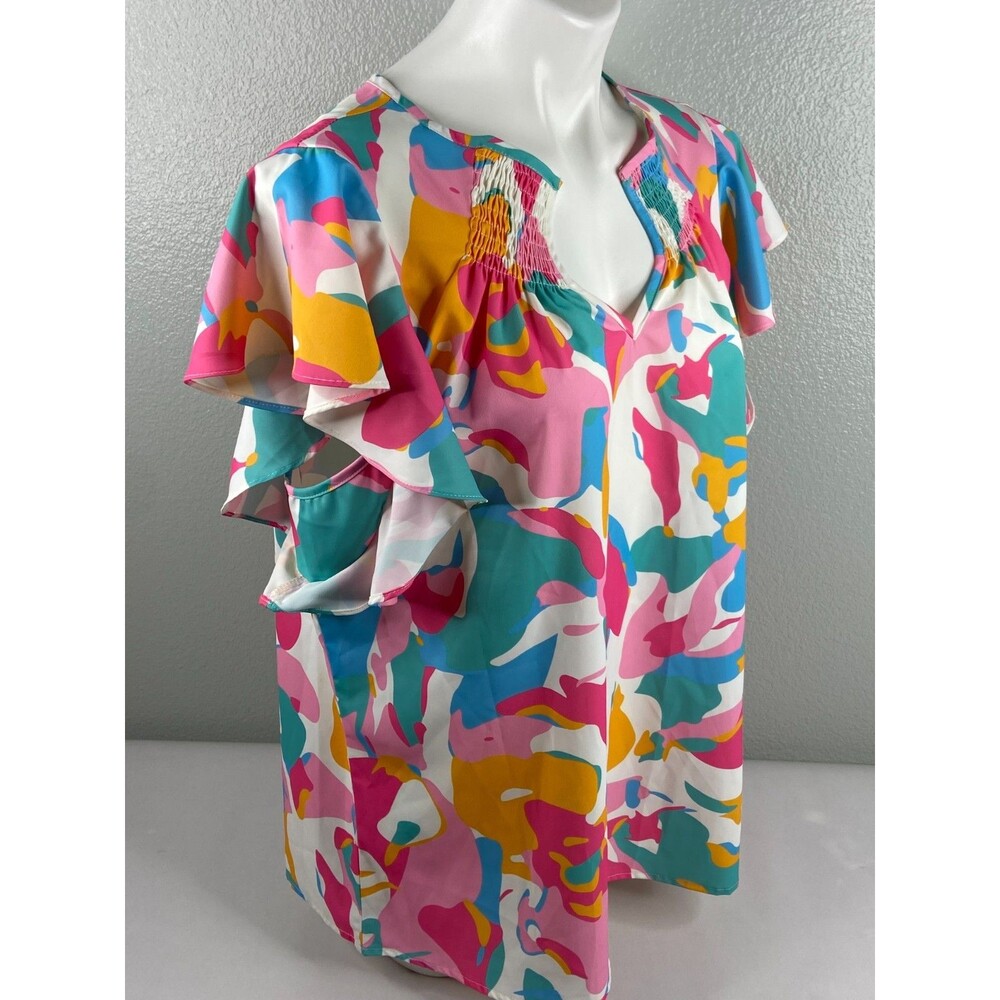 Smocked Multi Color Women XL Blouse Top Abstract V Neck Casual NWT - Picture 3 of 9